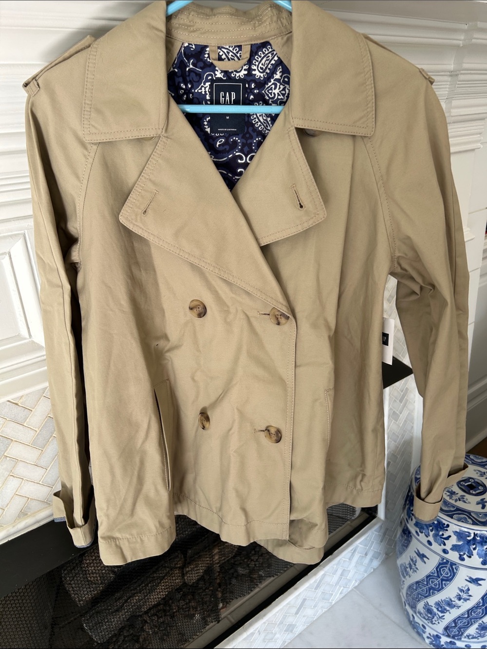 GAP Tan Double-Breasted Trench Coat with Navy Paisley Lining